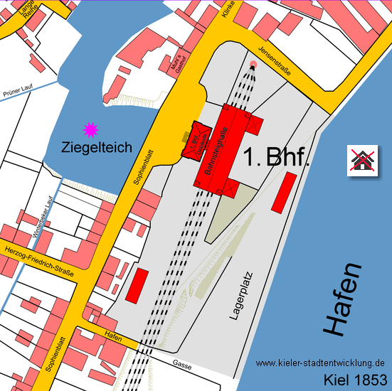Lageplan vom 1. Kieler Bahnhof um 1853
